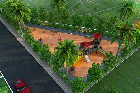 A children’s play area with a slide and climbing frame among palms, as planned at Sylvia City